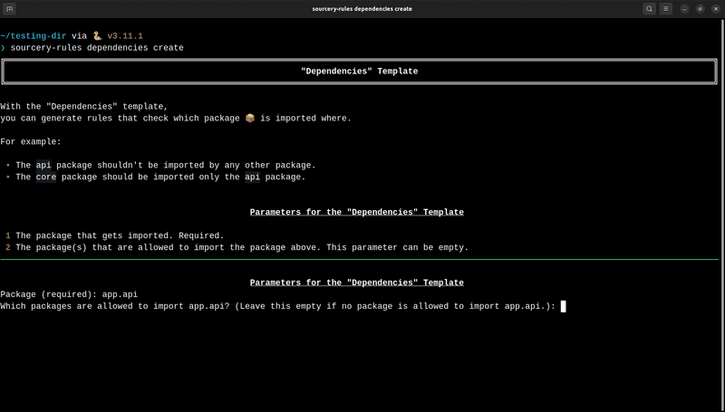 screenshot: sourcery-rules dependencies create input parameters